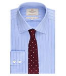 MEN'S BLUE & NAVY HERRINGBONE STRIPE SLIM FIT SHIRT - SINGLE CUFF - EASY IRON