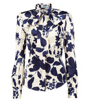 LADIES NAVY & CREAM FLORAL PRINT FITTED SATIN SHIRT - PUSSY BOW