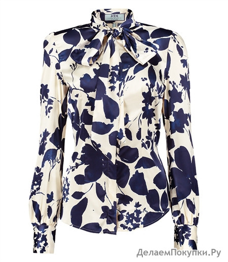 LADIES NAVY & CREAM FLORAL PRINT FITTED SATIN SHIRT - PUSSY BOW