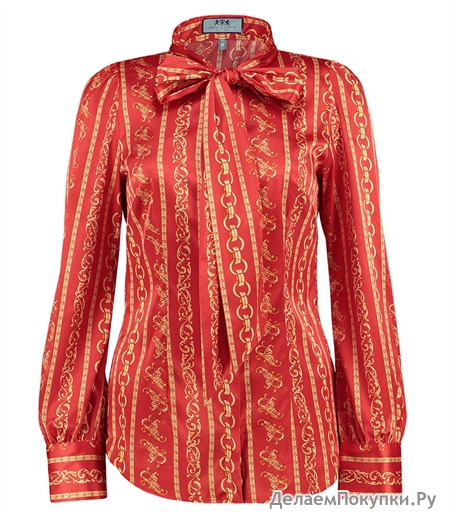 WOMEN'S RED PRINT FITTED SATIN SHIRT - PUSSY BOW