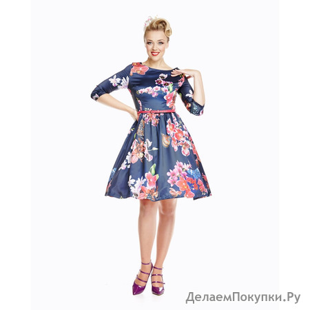 'Holly' Navy Orchid and Butterfly Print Swing Dress